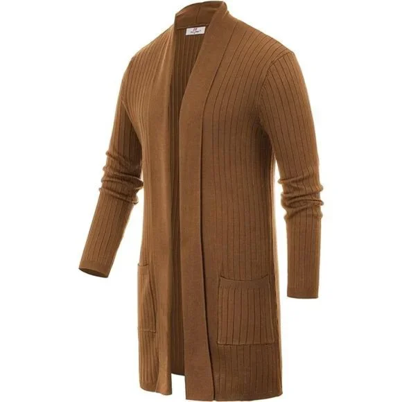 Men's Shawl Collar Open Front Long Cardigan Ribbed Knit Sweater with Pockets - Picture 2 of 6